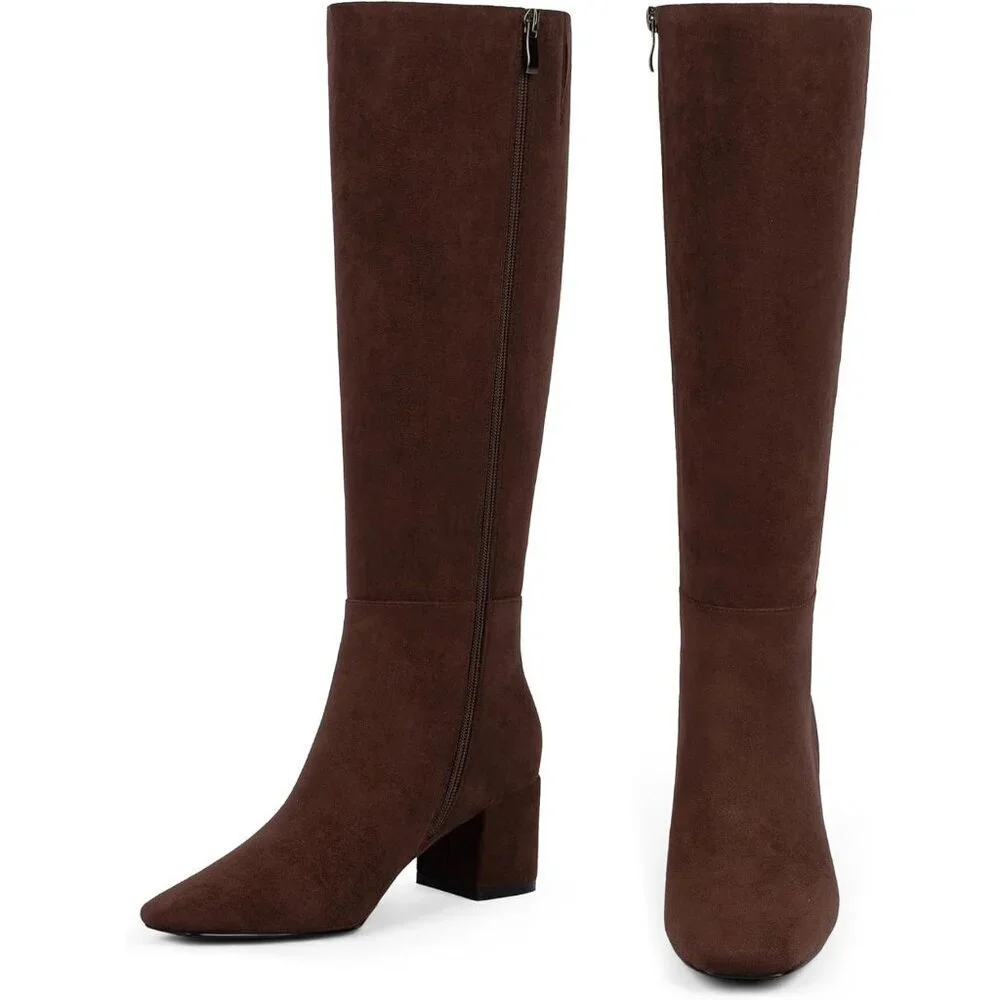Women's Suede Chocolate Knee High Boots Square Toe Tall Chunky Heel Rubber